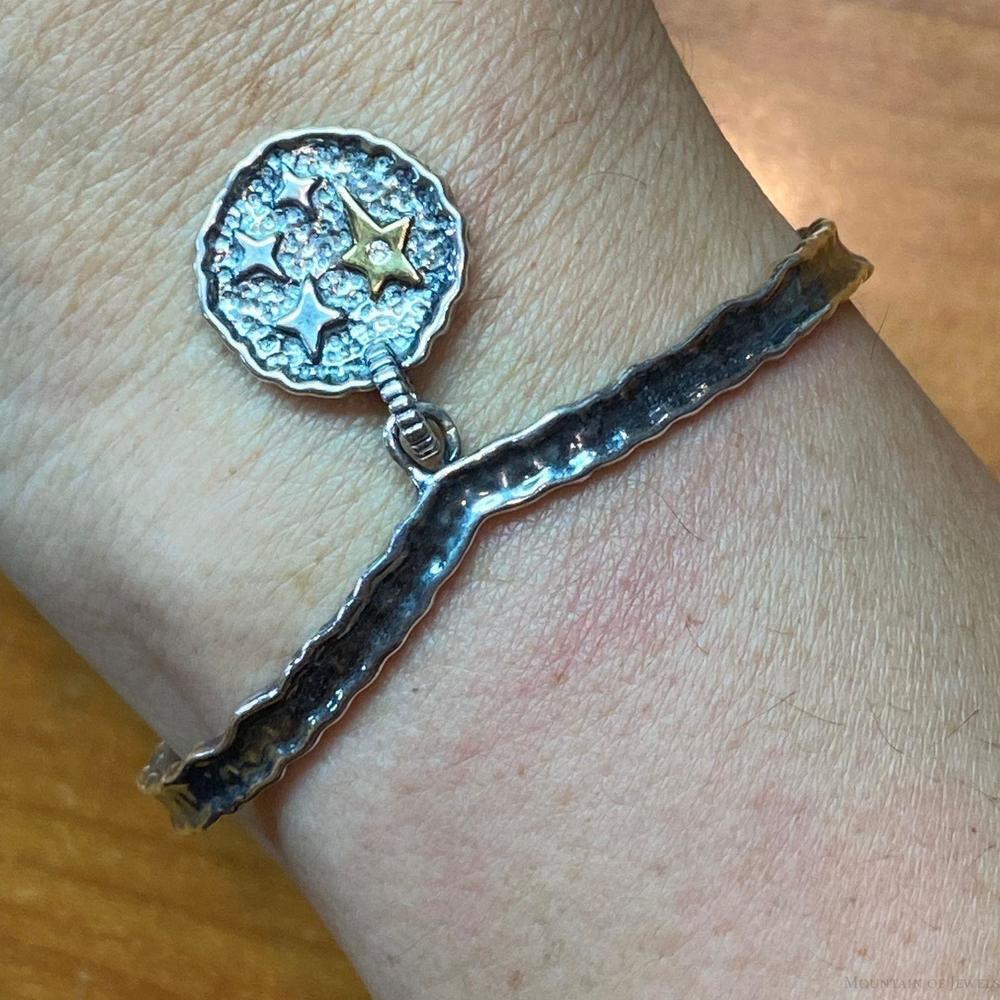 Carolyn Pollack Sterling & Brass "Believe" & Stars Charm Thin Cuff Bracelet